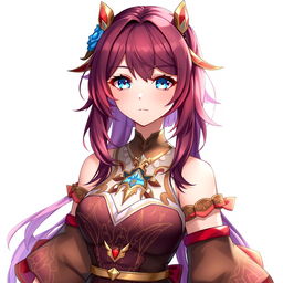 A full-body portrait of a female Genshin Impact original character featuring stunning wine-colored hair and striking blue eyes