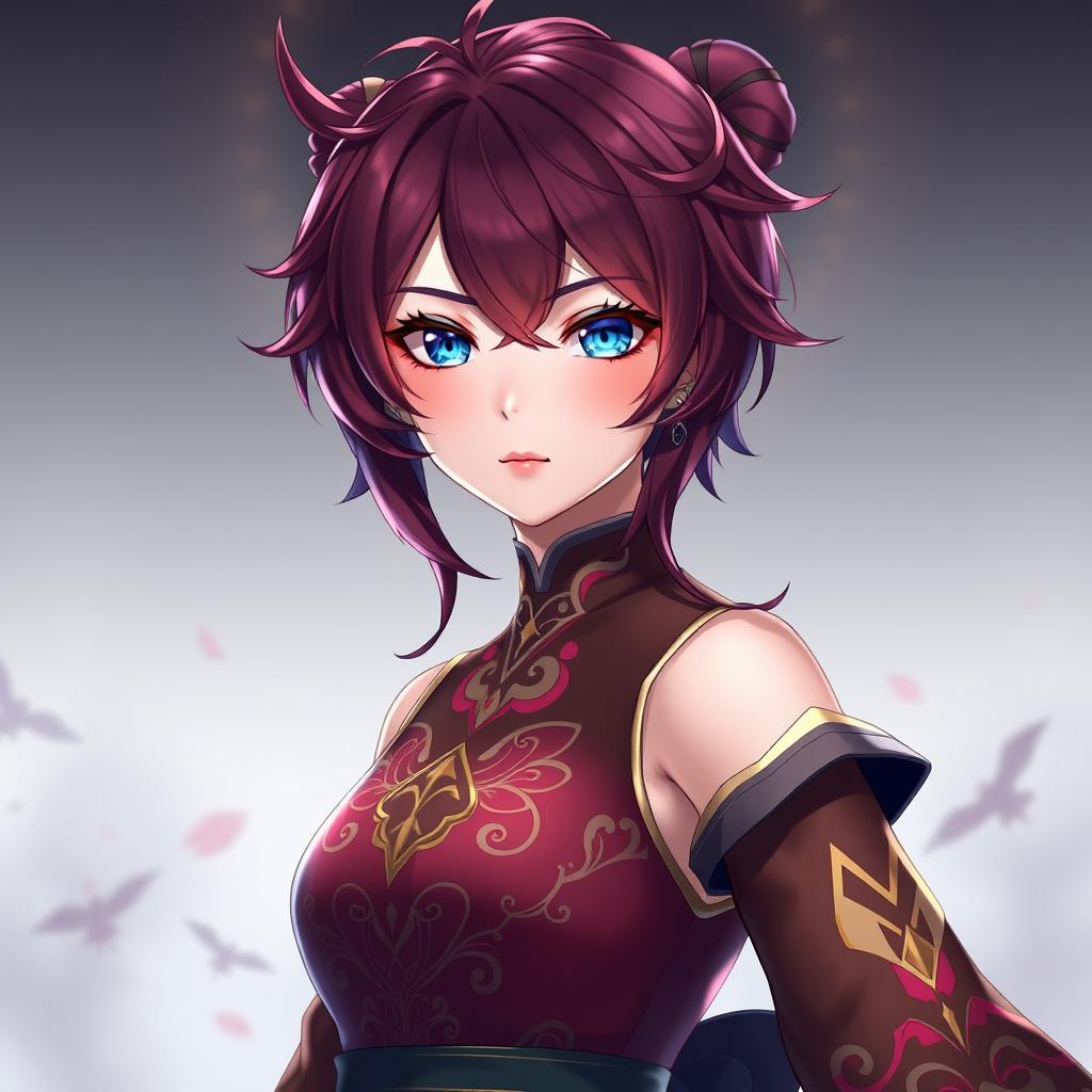 A full-body portrait of a female Genshin Impact original character featuring stunning wine-colored hair and striking blue eyes