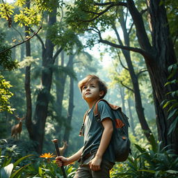 A teenage boy living in a lush, vibrant forest environment, surrounded by tall trees, diverse flora, and dappled sunlight filtering through the leaves
