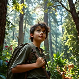 A teenage boy living in a lush, vibrant forest environment, surrounded by tall trees, diverse flora, and dappled sunlight filtering through the leaves