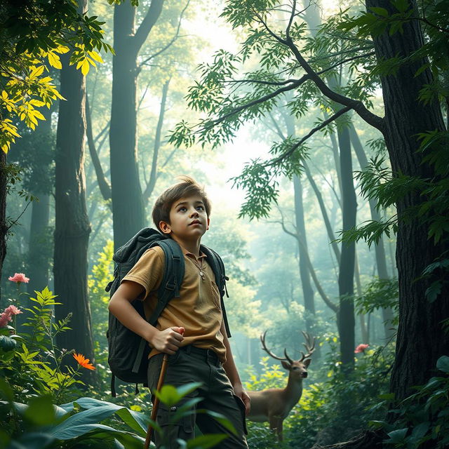 A teenage boy living in a lush, vibrant forest environment, surrounded by tall trees, diverse flora, and dappled sunlight filtering through the leaves