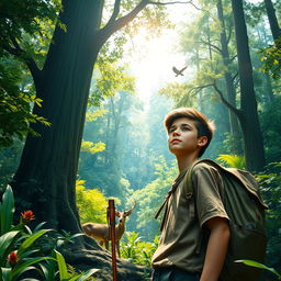 A teenage boy living in a lush, vibrant forest environment, surrounded by tall trees, diverse flora, and dappled sunlight filtering through the leaves