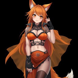A realistic sexy gothic anime Kitsune girl with a flustered face, featuring a soft blush that highlights her expressions, and long orange hair cascading to her lower back
