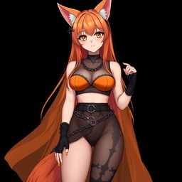 A realistic sexy gothic anime Kitsune girl with a flustered face, featuring a soft blush that highlights her expressions, and long orange hair cascading to her lower back