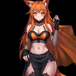 A realistic sexy gothic anime Kitsune girl with a flustered face, featuring a soft blush that highlights her expressions, and long orange hair cascading to her lower back