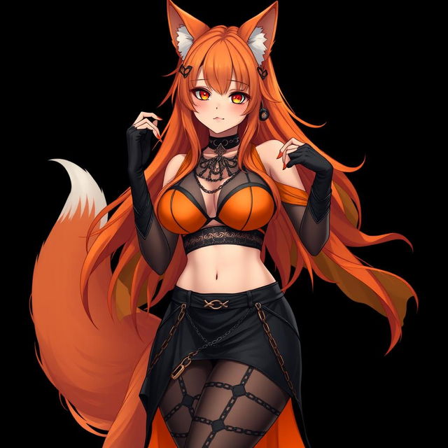 A realistic sexy gothic anime Kitsune girl with a flustered face, featuring a soft blush that highlights her expressions, and long orange hair cascading to her lower back