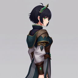 A full-body portrait of a female character inspired by Genshin Impact, featuring short dark plump hair and striking green eyes