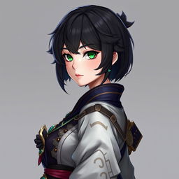 A full-body portrait of a female character inspired by Genshin Impact, featuring short dark plump hair and striking green eyes