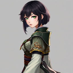 A full-body portrait of a female character inspired by Genshin Impact, featuring short dark plump hair and striking green eyes