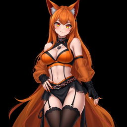 A realistic sexy gothic anime Kitsune girl with a flustered face, displaying a soft blush and long orange hair that flows to her lower back