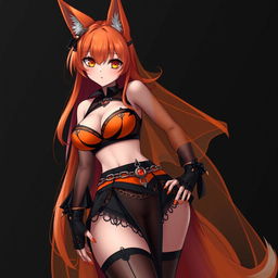 A realistic sexy gothic anime Kitsune girl with a flustered face, displaying a soft blush and long orange hair that flows to her lower back