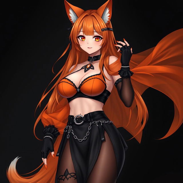 A realistic sexy gothic anime Kitsune girl with a flustered face, displaying a soft blush and long orange hair that flows to her lower back