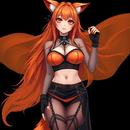 A realistic sexy gothic anime Kitsune girl with a flustered face, displaying a soft blush and long orange hair that flows to her lower back