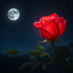 A beautiful red rose glowing under the moonlight in a serene night scene