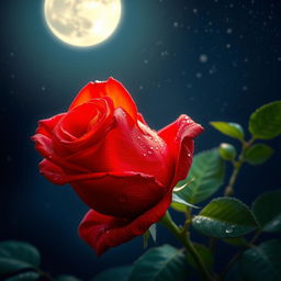 A beautiful red rose glowing under the moonlight in a serene night scene