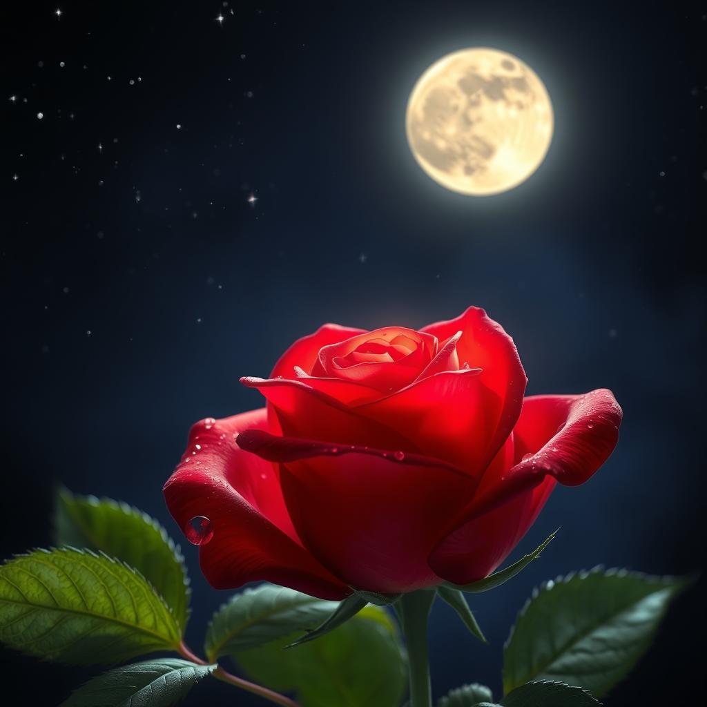 A beautiful red rose glowing under the moonlight in a serene night scene