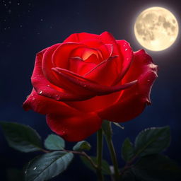 A beautiful red rose glowing under the moonlight in a serene night scene