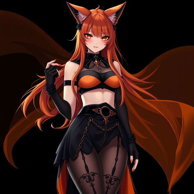 A realistic sexy gothic anime Kitsune girl with a flustered face, showcasing a soft blush and long orange hair that cascades down to her lower back