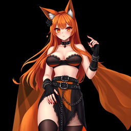 A realistic sexy gothic anime Kitsune girl with a flustered face, showcasing a soft blush and long orange hair that cascades down to her lower back