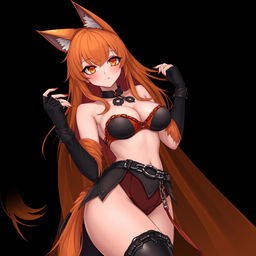 A realistic sexy gothic anime Kitsune girl with a flustered face, showcasing a soft blush and long orange hair that cascades down to her lower back