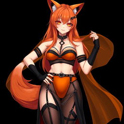 A realistic sexy gothic anime Kitsune girl with a flustered face, showcasing a soft blush and long orange hair that cascades down to her lower back