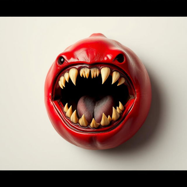 A large, vibrant red wall nut with a glossy surface, featuring a prominently large mouth filled with sharp, menacing teeth