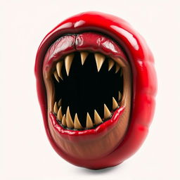 A large, vibrant red wall nut with a glossy surface, featuring a prominently large mouth filled with sharp, menacing teeth
