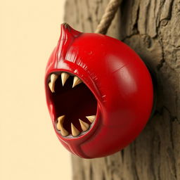 A large, vibrant red wall nut with a glossy surface, featuring a prominently large mouth filled with sharp, menacing teeth