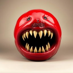 A large, vibrant red wall nut with a glossy surface, featuring a prominently large mouth filled with sharp, menacing teeth