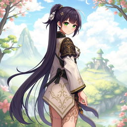 A full body portrait of a female original character inspired by Genshin Impact, featuring long dark ponytail hair and striking green eyes