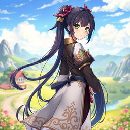A full body portrait of a female original character inspired by Genshin Impact, featuring long dark ponytail hair and striking green eyes