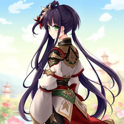 A full body portrait of a female original character inspired by Genshin Impact, featuring long dark ponytail hair and striking green eyes