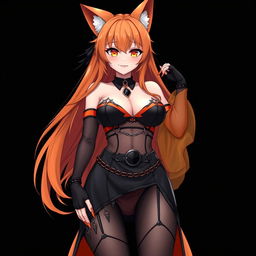 A realistic sexy gothic anime Kitsune girl with a flustered face, displaying a playful blush and long orange hair flowing down to her lower back