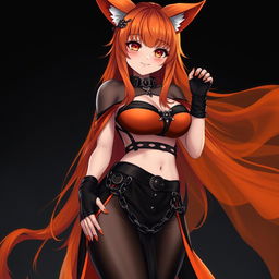 A realistic sexy gothic anime Kitsune girl with a flustered face, displaying a playful blush and long orange hair flowing down to her lower back