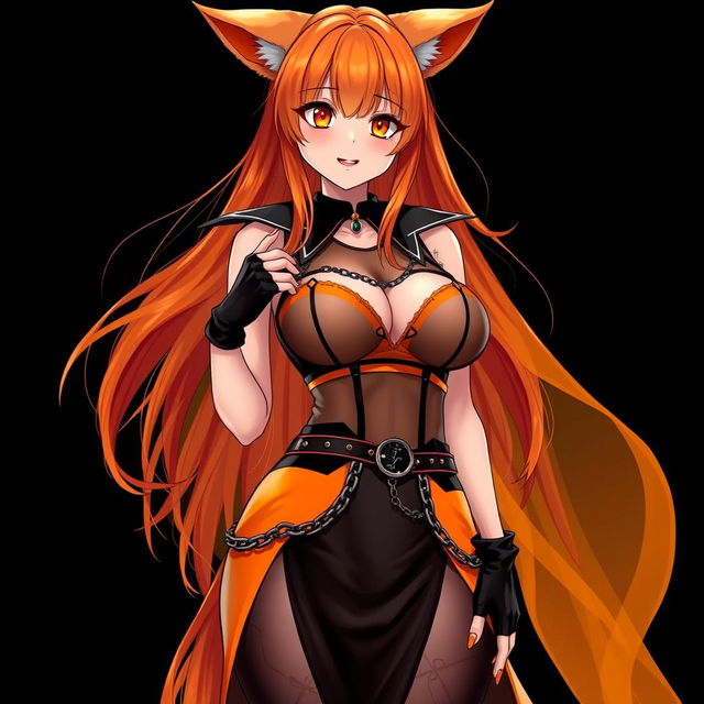 A realistic sexy gothic anime Kitsune girl with a flustered face, displaying a playful blush and long orange hair flowing down to her lower back