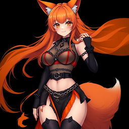 A realistic sexy gothic anime Kitsune girl with a flustered face, displaying a playful blush and long orange hair flowing down to her lower back