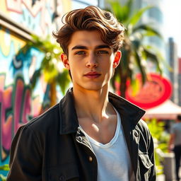 A stunning young male model with striking features, standing confidently in a sunlit urban environment