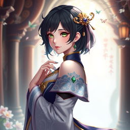 A full-body portrait of a female original character inspired by Genshin Impact, featuring short, dark plump hair and vibrant green eyes