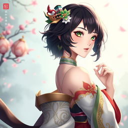 A full-body portrait of a female original character inspired by Genshin Impact, featuring short, dark plump hair and vibrant green eyes