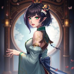 A full-body portrait of a female original character inspired by Genshin Impact, featuring short, dark plump hair and vibrant green eyes
