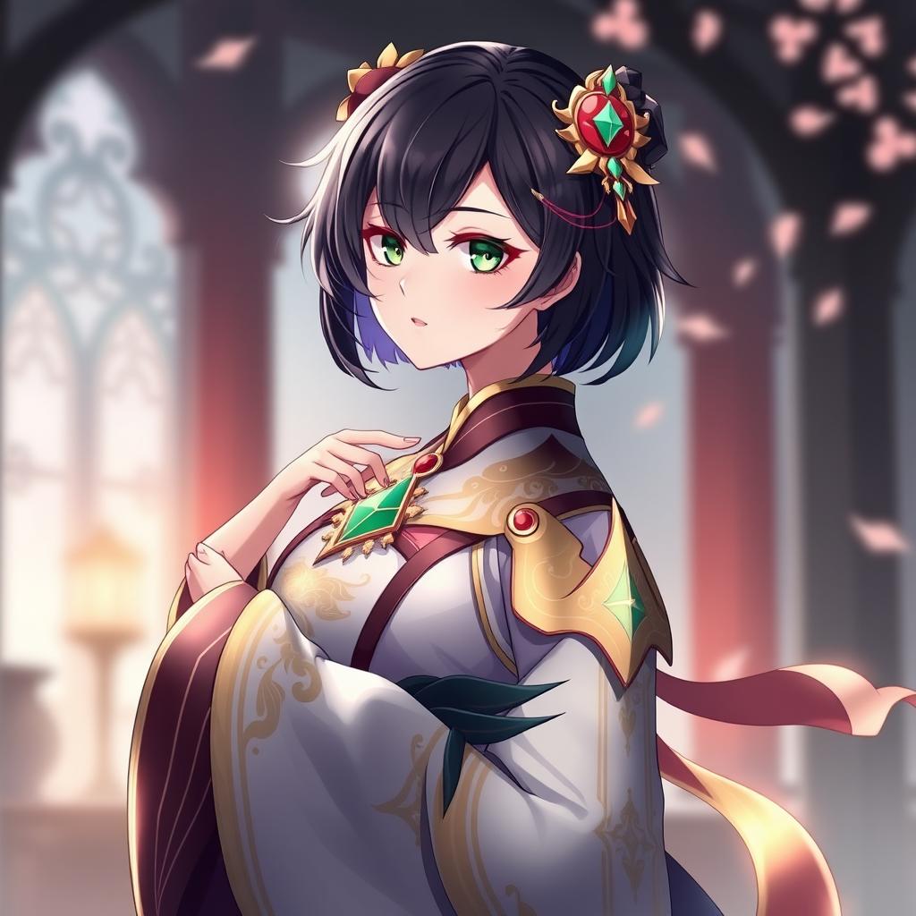 A full-body portrait of a female original character inspired by Genshin Impact, featuring short, dark plump hair and vibrant green eyes