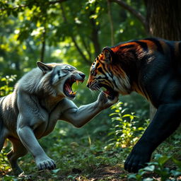 A dramatic scene of a wolf fighting a fierce black tiger in a lush forest setting