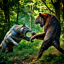 A dramatic scene of a wolf fighting a fierce black tiger in a lush forest setting