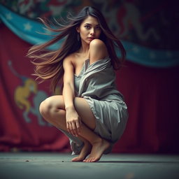 A woman dressed in loose clothing, hair flowing freely, positioned in a crouching pose, viewed from a low angle to accentuate her figure and the surrounding environment