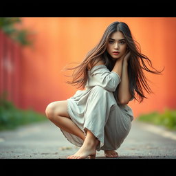 A woman dressed in loose clothing, hair flowing freely, positioned in a crouching pose, viewed from a low angle to accentuate her figure and the surrounding environment