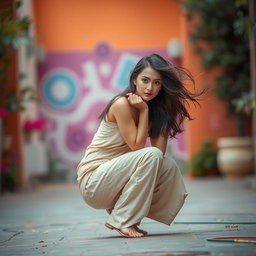 A woman dressed in loose clothing, hair flowing freely, positioned in a crouching pose, viewed from a low angle to accentuate her figure and the surrounding environment