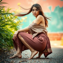 A woman dressed in loose clothing, hair flowing freely, positioned in a crouching pose, viewed from a low angle to accentuate her figure and the surrounding environment
