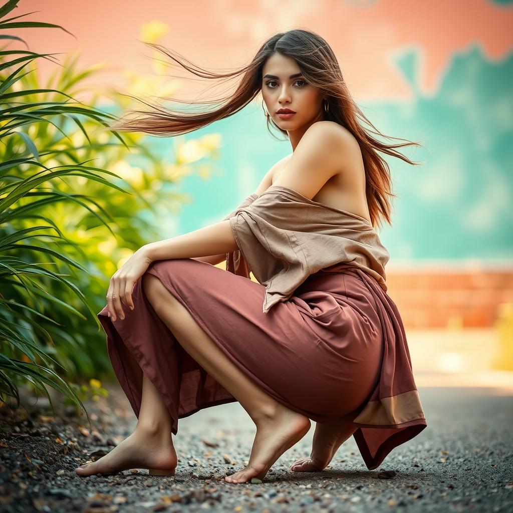 A woman dressed in loose clothing, hair flowing freely, positioned in a crouching pose, viewed from a low angle to accentuate her figure and the surrounding environment