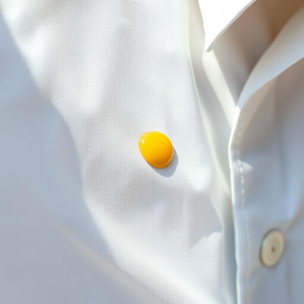 A realistic depiction of a small yellow stain on a white shirt