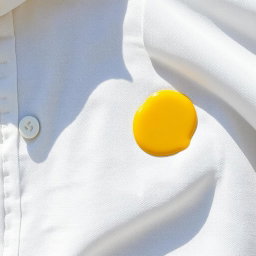 A realistic depiction of a small yellow stain on a white shirt